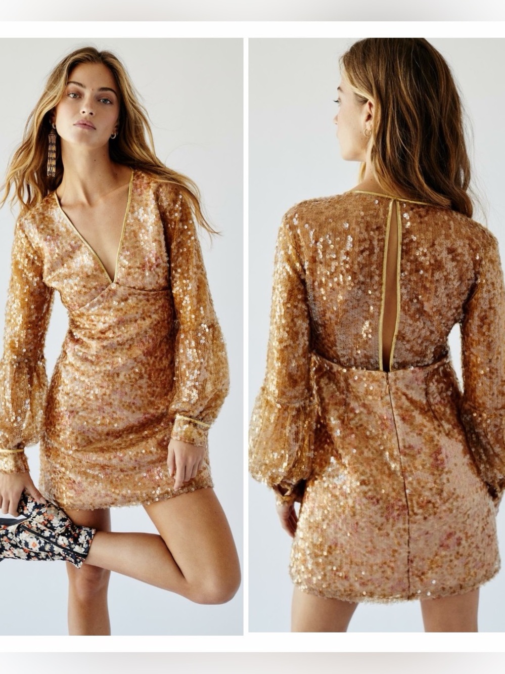 Free People Stars Align Mini Dress Gold Sequin Floral
